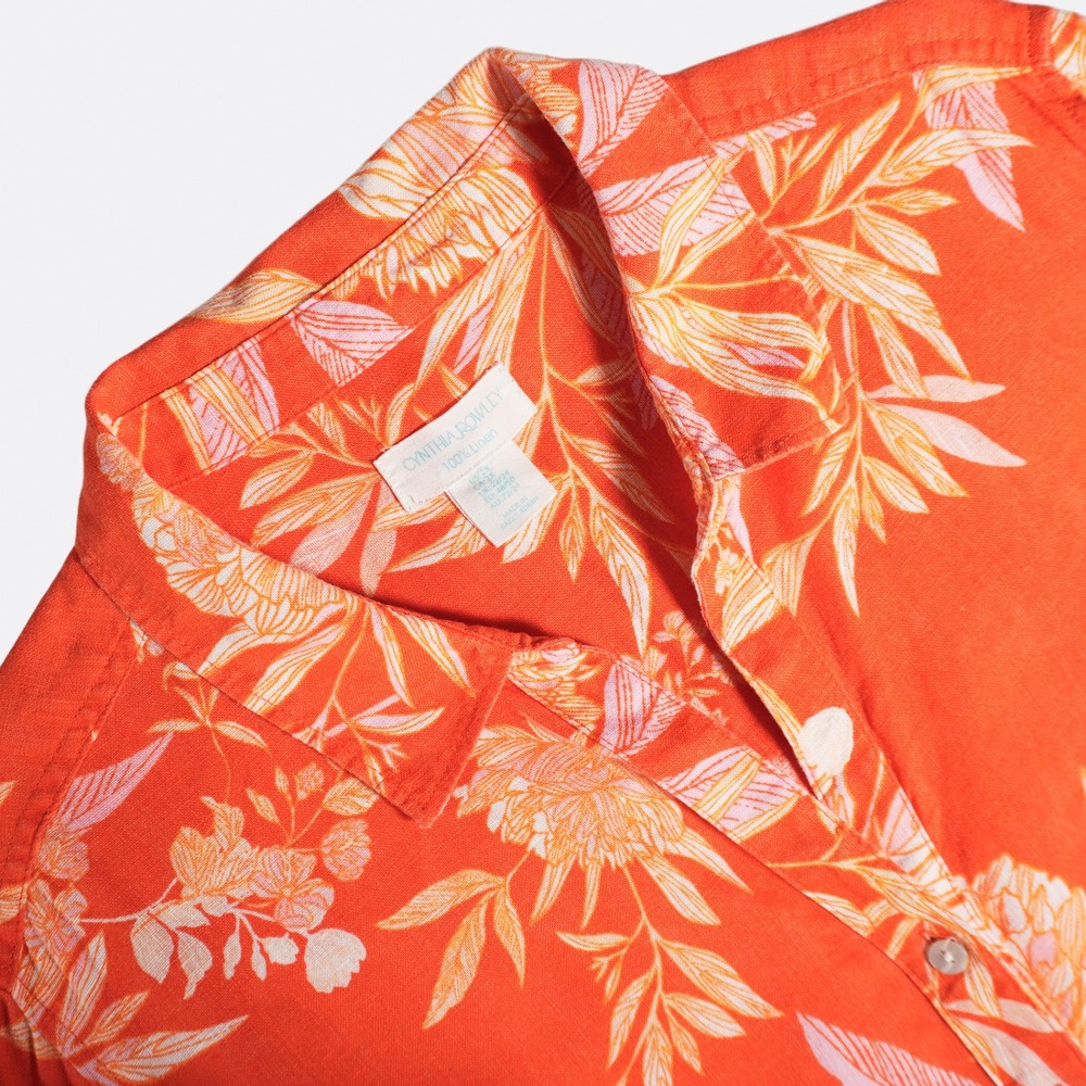 Cynthia Rowley 100% Linen Button Down Shirt Orange Floral Blouse Plus 2X 3X - Picture 4 of 9